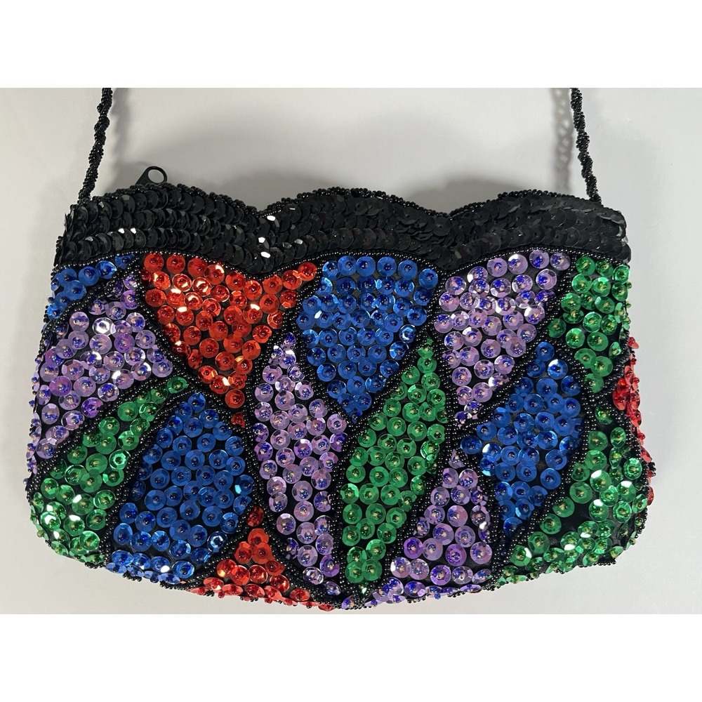 Vintage 90s La Regale Multi Color Sequin Handbag with Black‎ Beaded Strap